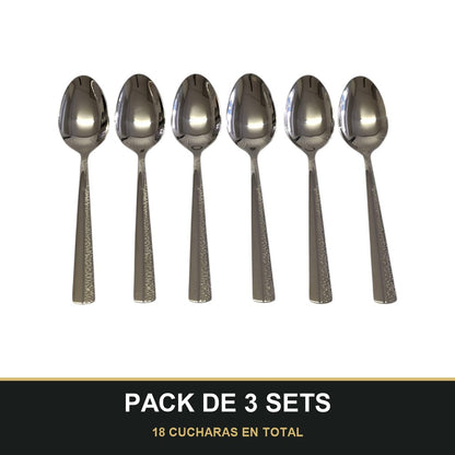 PACK DE 3 SETS — Set de 6 Cucharas de Postre – Acero Inoxidable con Mango Texturizado | Acabado Espejo. 18 CUCHARAS EN TOTAL