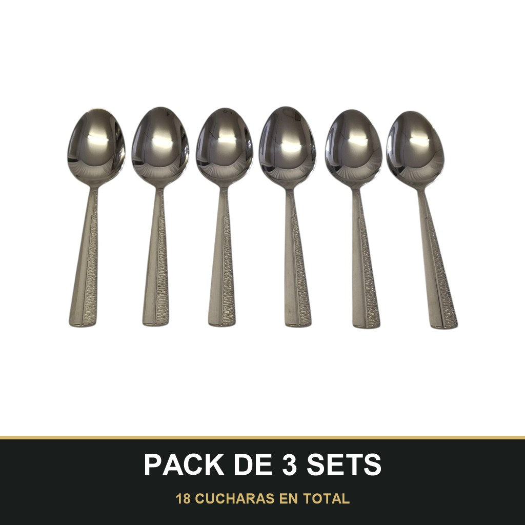 PACK DE 3 SETS — Set de 6 Cucharas de Postre – Acero Inoxidable con Mango Texturizado | Acabado Espejo. 18 CUCHARAS EN TOTAL