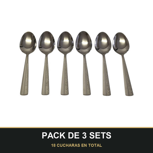 PACK DE 3 SETS — Set de 6 Cucharas de Postre – Acero Inoxidable con Mango Texturizado | Acabado Espejo. 18 CUCHARAS EN TOTAL
