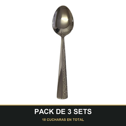 PACK DE 3 SETS — Set de 6 Cucharas de Postre – Acero Inoxidable con Mango Texturizado | Acabado Espejo. 18 CUCHARAS EN TOTAL