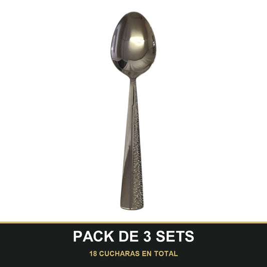 PACK DE 3 SETS — Set de 6 Cucharas de Postre – Acero Inoxidable con Mango Texturizado | Acabado Espejo. 18 CUCHARAS EN TOTAL