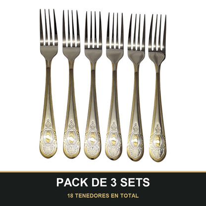 PACK DE 3 SETS — Set de 6 Tenedores de Mesa – Acero Inoxidable con Grabado y Borde Dorado. 18 TENEDORES EN TOTAL