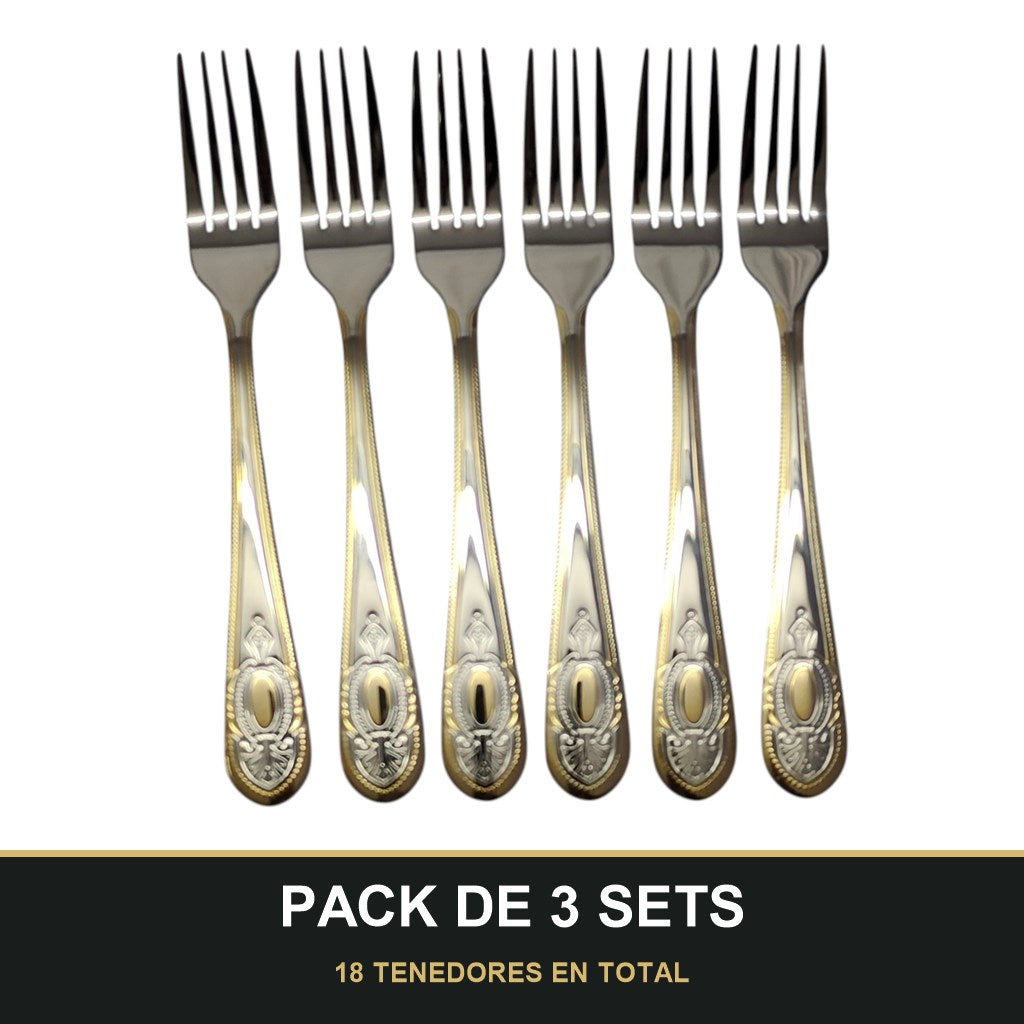 PACK DE 3 SETS — Set de 6 Tenedores de Mesa – Acero Inoxidable con Grabado y Borde Dorado. 18 TENEDORES EN TOTAL
