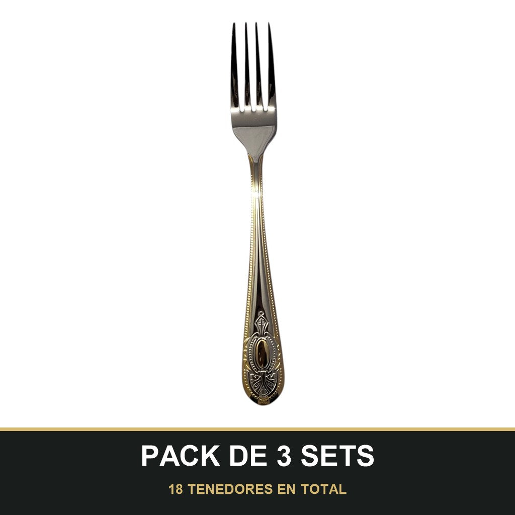 PACK DE 3 SETS — Set de 6 Tenedores de Mesa – Acero Inoxidable con Grabado y Borde Dorado. 18 TENEDORES EN TOTAL