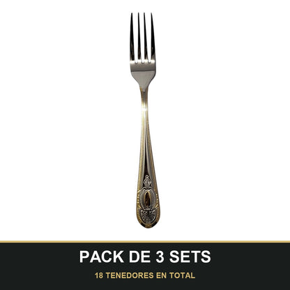 PACK DE 3 SETS — Set de 6 Tenedores de Mesa – Acero Inoxidable con Grabado y Borde Dorado. 18 TENEDORES EN TOTAL