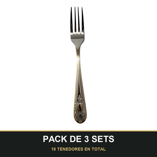 PACK DE 3 SETS — Set de 6 Tenedores de Mesa – Acero Inoxidable con Grabado y Borde Dorado. 18 TENEDORES EN TOTAL
