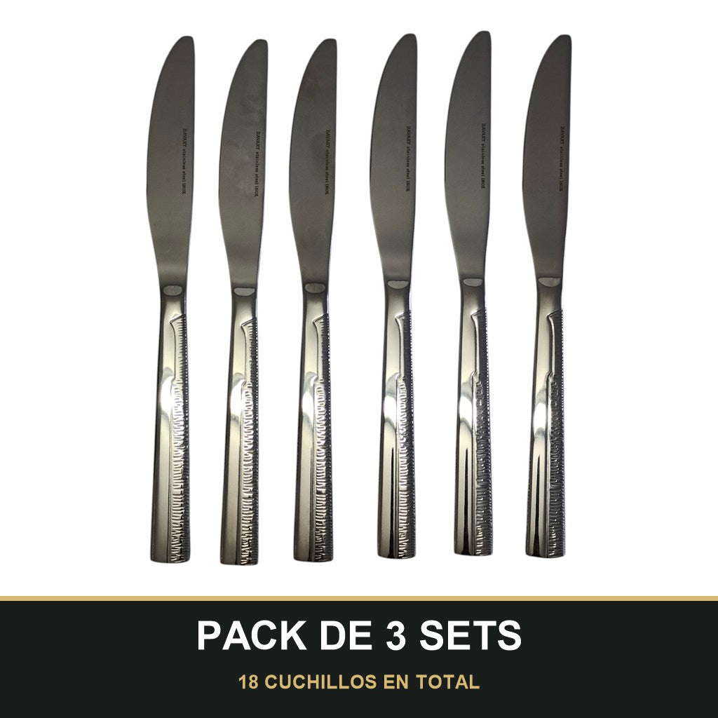 PACK DE 3 SETS — Set de 6 Cuchillos de Mesa – Acero Inoxidable con Mango Texturizado | Acabado Espejo. 18 CUCHILLOS EN TOTAL