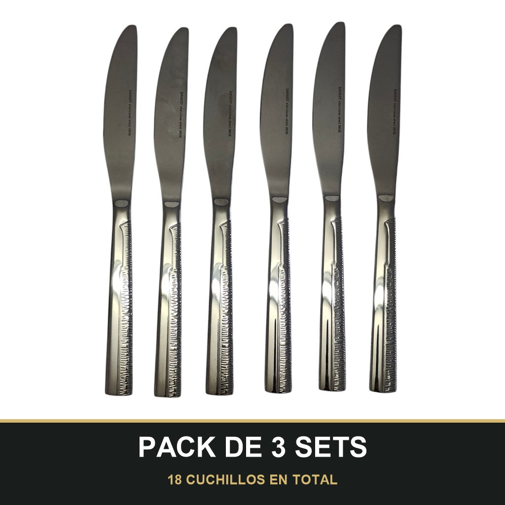 PACK DE 3 SETS — Set de 6 Cuchillos de Mesa – Acero Inoxidable con Mango Texturizado | Acabado Espejo. 18 CUCHILLOS EN TOTAL