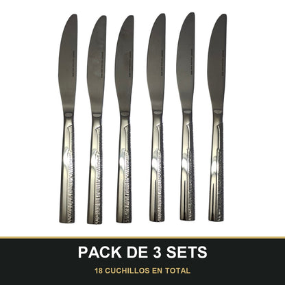PACK DE 3 SETS — Set de 6 Cuchillos de Mesa – Acero Inoxidable con Mango Texturizado | Acabado Espejo. 18 CUCHILLOS EN TOTAL