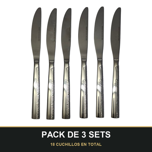 PACK DE 3 SETS — Set de 6 Cuchillos de Mesa – Acero Inoxidable con Mango Texturizado | Acabado Espejo. 18 CUCHILLOS EN TOTAL