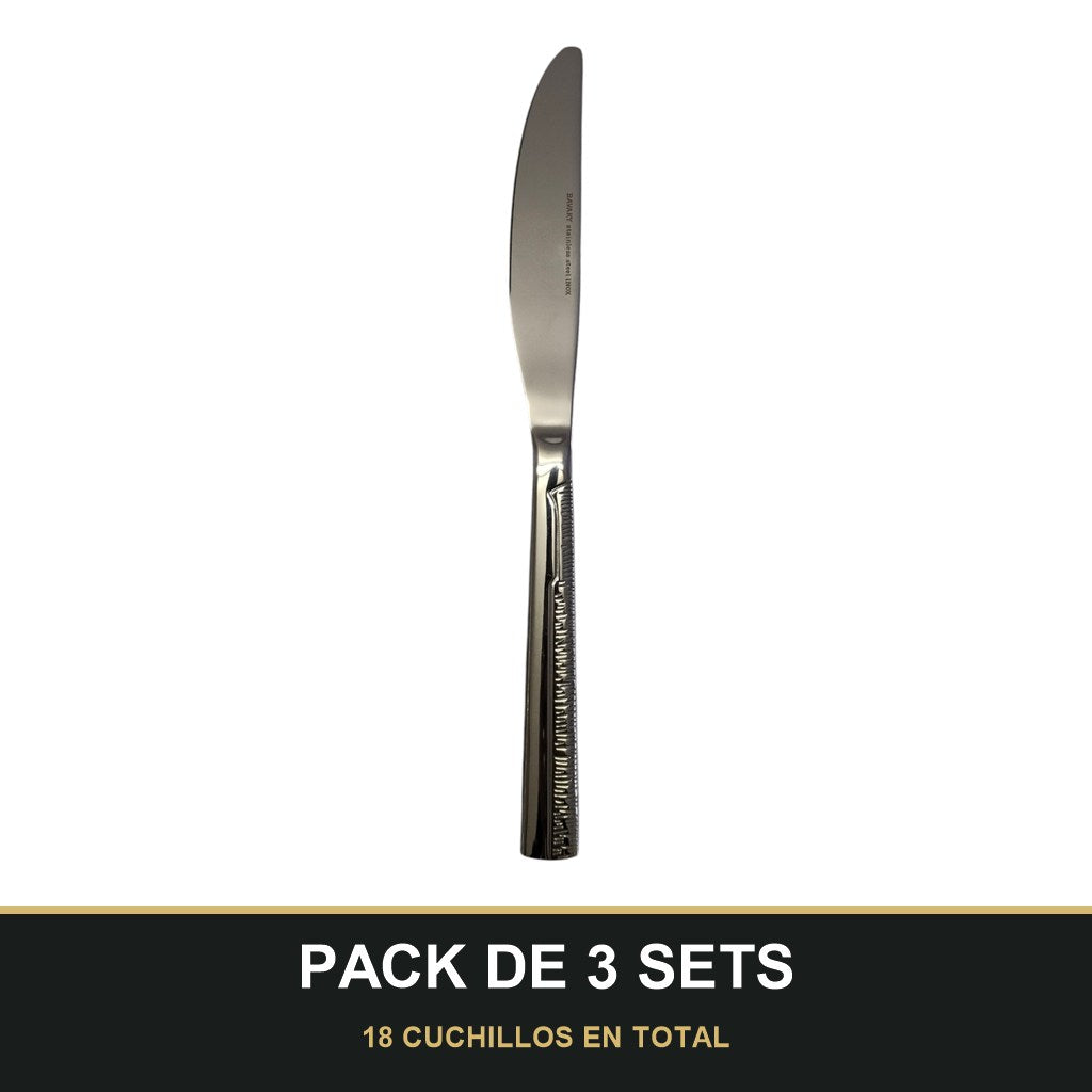 PACK DE 3 SETS — Set de 6 Cuchillos de Mesa – Acero Inoxidable con Mango Texturizado | Acabado Espejo. 18 CUCHILLOS EN TOTAL