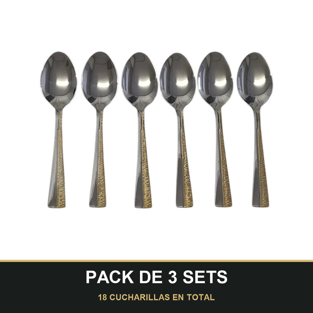 PACK DE 3 SETS — Set de 6 Cucharillas de Café – Acero Inoxidable con Detalle Dorado | Acabado Espejo. 18 CUCHARILLAS EN TOTAL