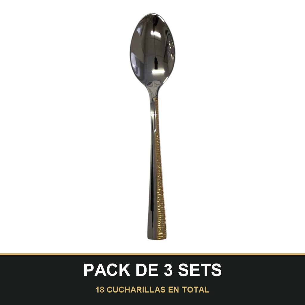 PACK DE 3 SETS — Set de 6 Cucharillas de Café – Acero Inoxidable con Detalle Dorado | Acabado Espejo. 18 CUCHARILLAS EN TOTAL