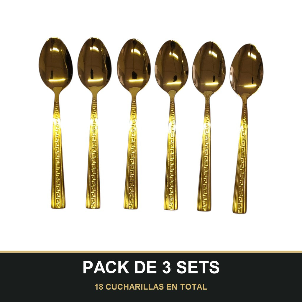PACK DE 3 SETS — Set de 6 Cucharillas Doradas – Acero Inoxidable con Diseño Greca | Acabado Espejo. 18 CUCHARILLAS EN TOTAL