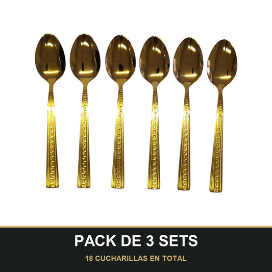 PACK DE 3 SETS — Set de 6 Cucharillas Doradas – Acero Inoxidable con Diseño Greca | Acabado Espejo. 18 CUCHARILLAS EN TOTAL
