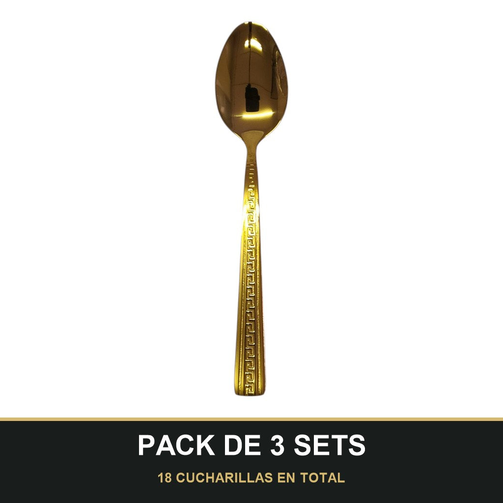 PACK DE 3 SETS — Set de 6 Cucharillas Doradas – Acero Inoxidable con Diseño Greca | Acabado Espejo. 18 CUCHARILLAS EN TOTAL