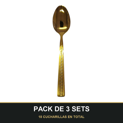 PACK DE 3 SETS — Set de 6 Cucharillas Doradas – Acero Inoxidable con Diseño Greca | Acabado Espejo. 18 CUCHARILLAS EN TOTAL