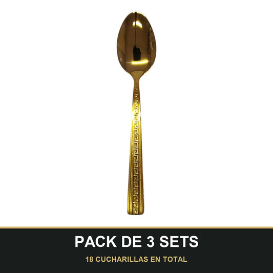 PACK DE 3 SETS — Set de 6 Cucharillas Doradas – Acero Inoxidable con Diseño Greca | Acabado Espejo. 18 CUCHARILLAS EN TOTAL