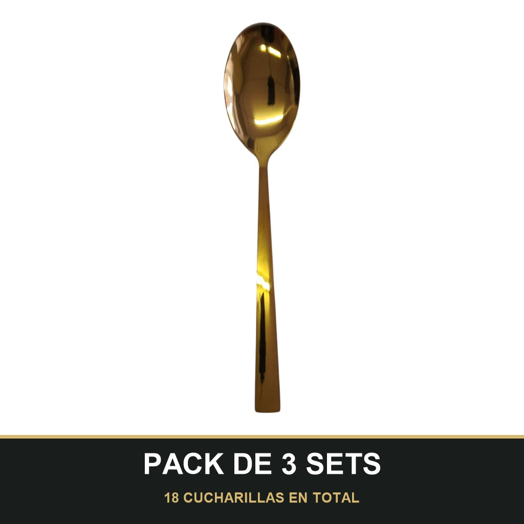 PACK DE 3 SETS — Set de 6 Cucharillas Doradas – Acero Inoxidable | Acabado Espejo. 18 CUCHARILLAS EN TOTAL
