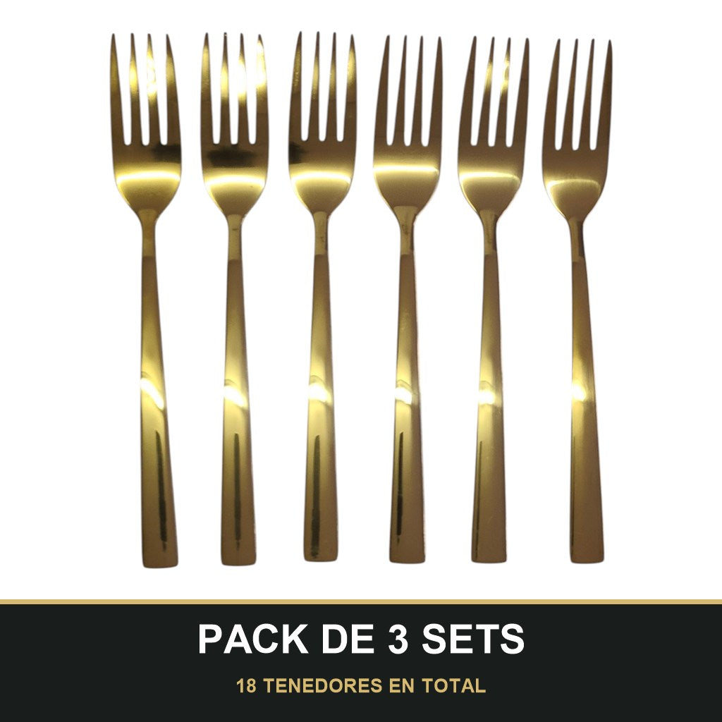PACK DE 3 SETS — Set de 6 Tenedores Dorados – Acero Inoxidable | Diseño Liso Acabado Espejo. 18 TENEDORES EN TOTAL