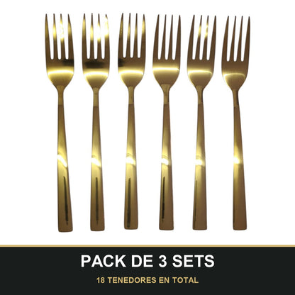 PACK DE 3 SETS — Set de 6 Tenedores Dorados – Acero Inoxidable | Diseño Liso Acabado Espejo. 18 TENEDORES EN TOTAL
