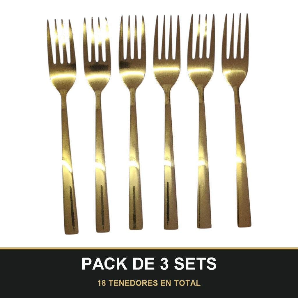 PACK DE 3 SETS — Set de 6 Tenedores Dorados – Acero Inoxidable | Diseño Liso Acabado Espejo. 18 TENEDORES EN TOTAL