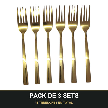 PACK DE 3 SETS — Set de 6 Tenedores Dorados – Acero Inoxidable | Diseño Liso Acabado Espejo. 18 TENEDORES EN TOTAL