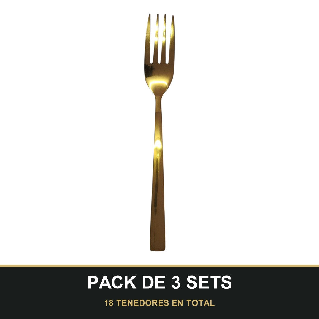 PACK DE 3 SETS — Set de 6 Tenedores Dorados – Acero Inoxidable | Diseño Liso Acabado Espejo. 18 TENEDORES EN TOTAL