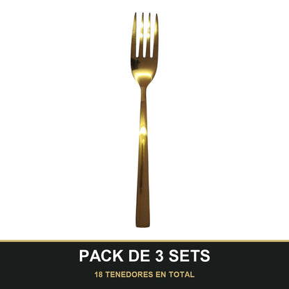 PACK DE 3 SETS — Set de 6 Tenedores Dorados – Acero Inoxidable | Diseño Liso Acabado Espejo. 18 TENEDORES EN TOTAL