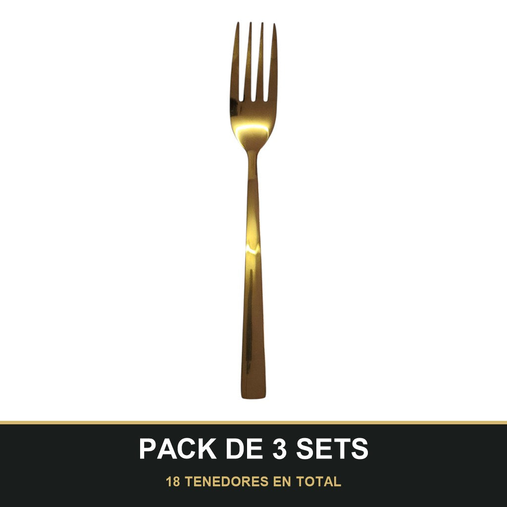 PACK DE 3 SETS — Set de 6 Tenedores Dorados – Acero Inoxidable | Diseño Liso Acabado Espejo. 18 TENEDORES EN TOTAL