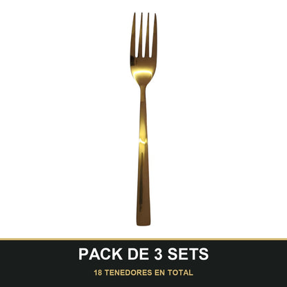 PACK DE 3 SETS — Set de 6 Tenedores Dorados – Acero Inoxidable | Diseño Liso Acabado Espejo. 18 TENEDORES EN TOTAL