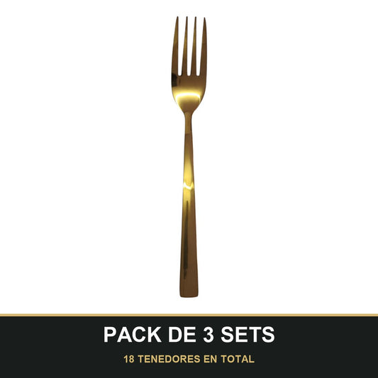 PACK DE 3 SETS — Set de 6 Tenedores Dorados – Acero Inoxidable | Diseño Liso Acabado Espejo. 18 TENEDORES EN TOTAL