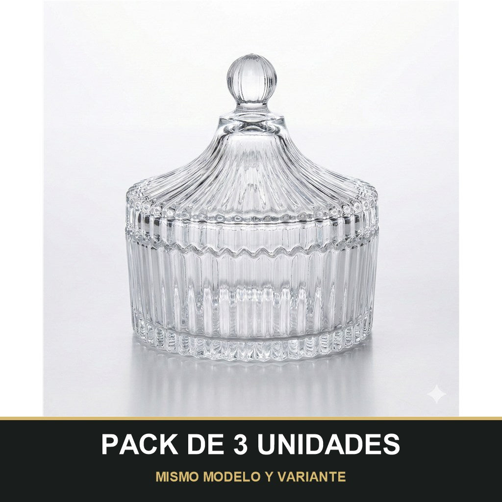 PACK DE 3 UNIDADES — Frasco Decorativo de Cristal con Tapa Tallada – Elegancia para Almacenaje y Decoración. MISMO MODELO Y VARIANTE