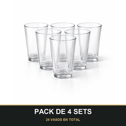 PACK DE 4 SETS — Vasos Hayati – Set de 6 Vasos de Vidrio Transparente Elegante 13cL. 24 VASOS EN TOTAL