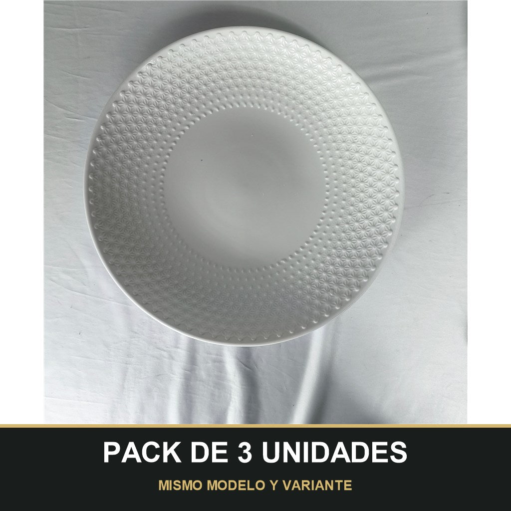 PACK DE 3 UNIDADES — Plato Llano de Cerámica Blanca con Relieve Geométrico – Diseño Elegante y Minimalista. MISMO MODELO Y VARIANTE