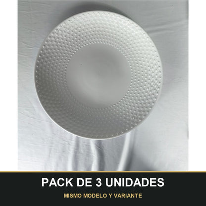 PACK DE 3 UNIDADES — Plato Llano de Cerámica Blanca con Relieve Geométrico – Diseño Elegante y Minimalista. MISMO MODELO Y VARIANTE