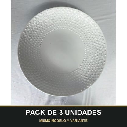 PACK DE 3 UNIDADES — Plato Llano de Cerámica Blanca con Relieve Geométrico – Diseño Elegante y Minimalista. MISMO MODELO Y VARIANTE