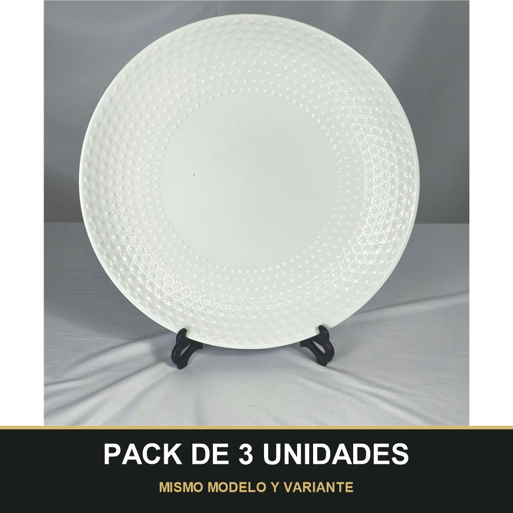 PACK DE 3 UNIDADES — Plato Llano de Cerámica Blanca con Relieve Geométrico – Diseño Elegante y Minimalista. MISMO MODELO Y VARIANTE