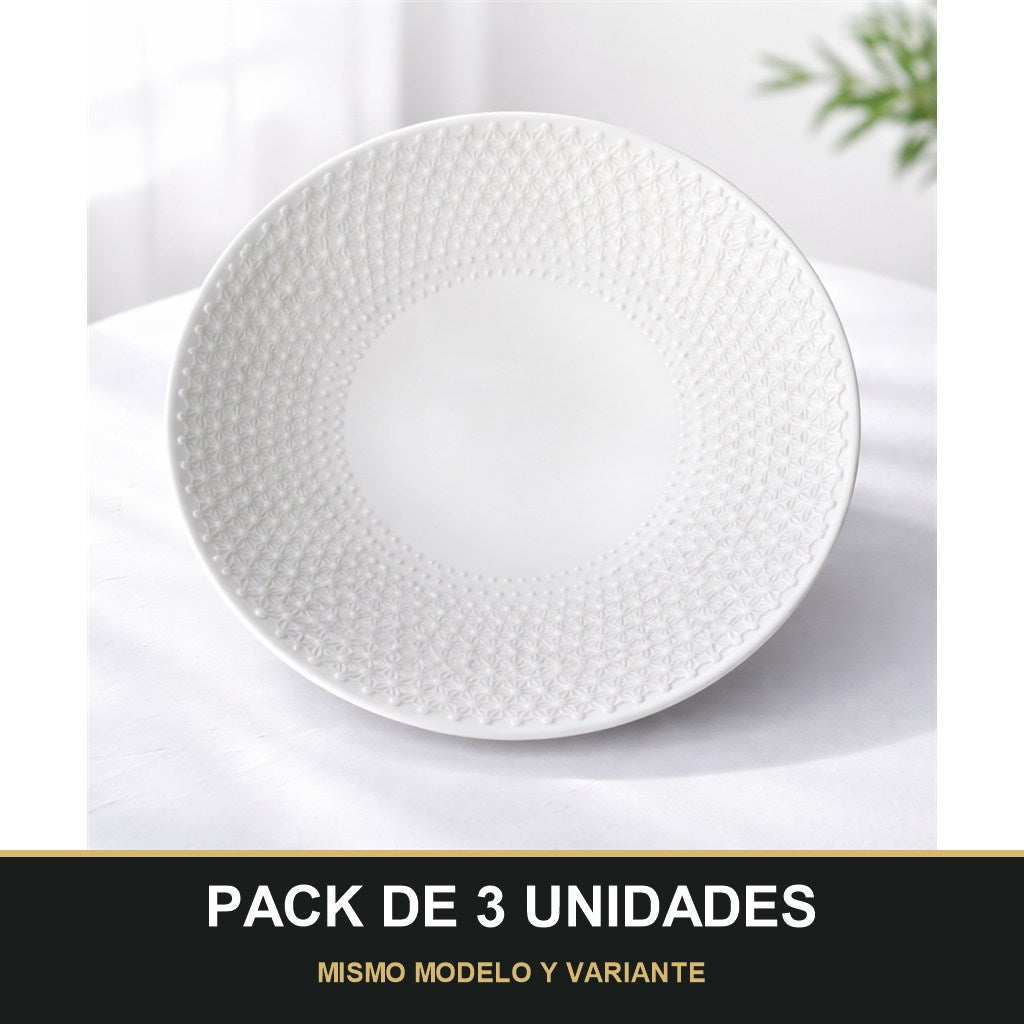 PACK DE 3 UNIDADES — Plato Llano de Cerámica Blanca con Relieve Geométrico – Diseño Elegante y Minimalista. MISMO MODELO Y VARIANTE