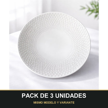 PACK DE 3 UNIDADES — Plato Llano de Cerámica Blanca con Relieve Geométrico – Diseño Elegante y Minimalista. MISMO MODELO Y VARIANTE