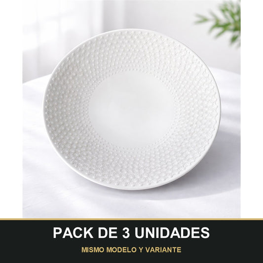 PACK DE 3 UNIDADES — Plato Llano de Cerámica Blanca con Relieve Geométrico – Diseño Elegante y Minimalista. MISMO MODELO Y VARIANTE