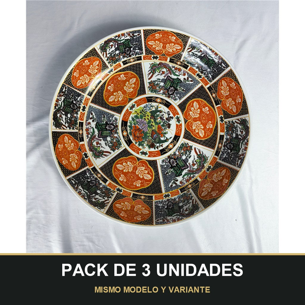 PACK DE 3 UNIDADES — Plato Tauss Hondo de Cerámica Decorado 16" / 40,64cm – Diseño Oriental Clásico en Tonos Naranja y Negro. MISMO MODELO Y VARIANTE