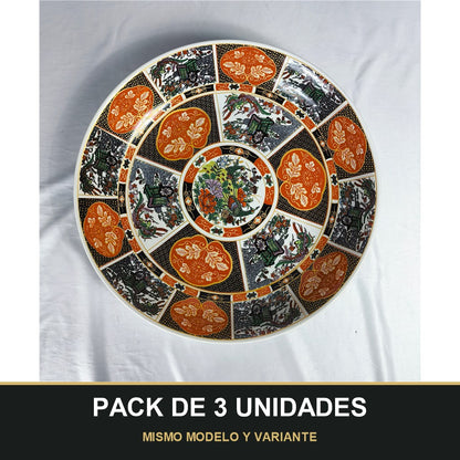 PACK DE 3 UNIDADES — Plato Tauss Hondo de Cerámica Decorado 16" / 40,64cm – Diseño Oriental Clásico en Tonos Naranja y Negro. MISMO MODELO Y VARIANTE
