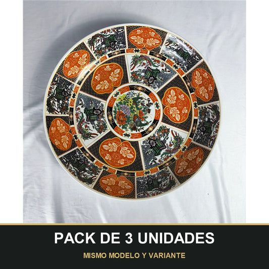 PACK DE 3 UNIDADES — Plato Tauss Hondo de Cerámica Decorado 16" / 40,64cm – Diseño Oriental Clásico en Tonos Naranja y Negro. MISMO MODELO Y VARIANTE
