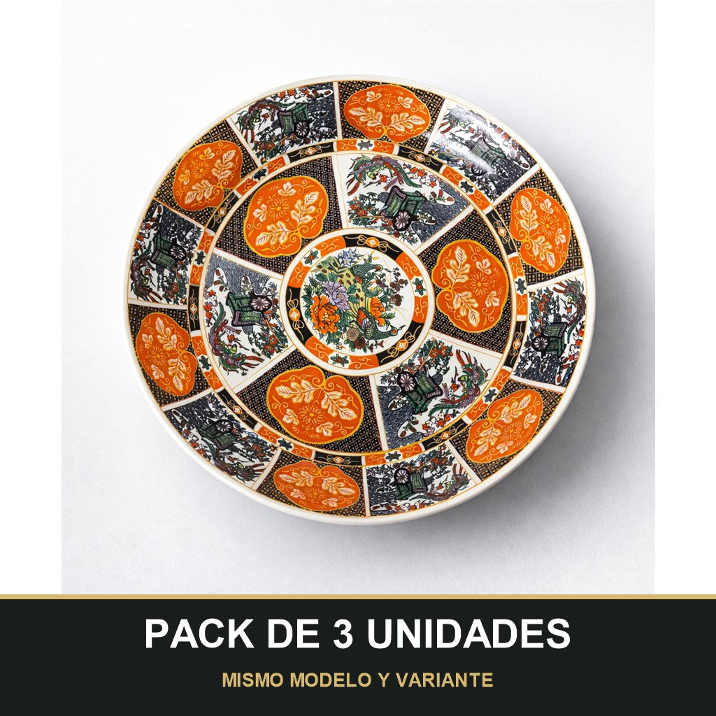PACK DE 3 UNIDADES — Plato Tauss Hondo de Cerámica Decorado 16" / 40,64cm – Diseño Oriental Clásico en Tonos Naranja y Negro. MISMO MODELO Y VARIANTE