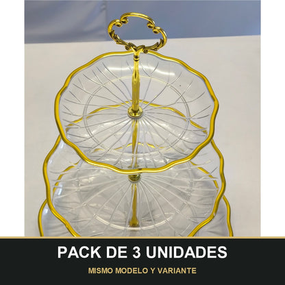 PACK DE 3 UNIDADES — Soporte de Postres 3 Niveles – Plástico con Detalles Dorados. MISMO MODELO Y VARIANTE