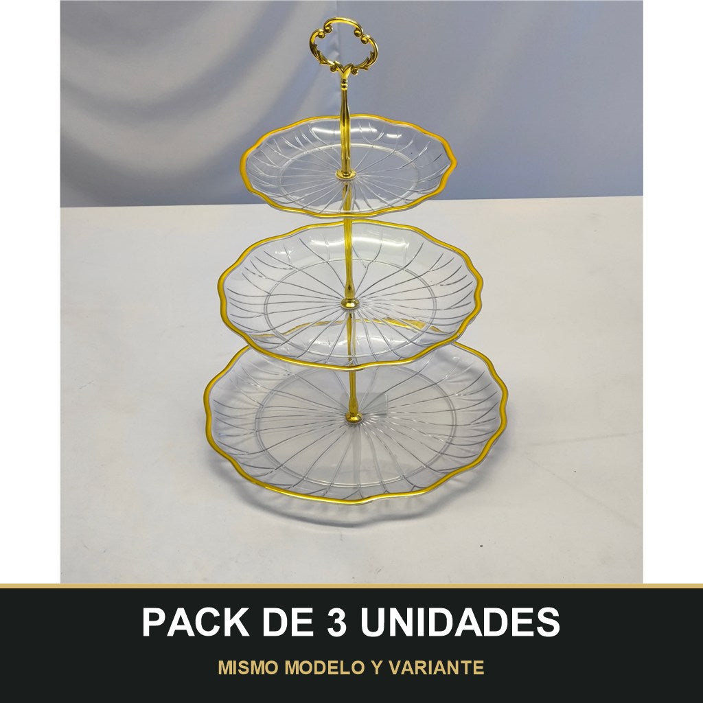 PACK DE 3 UNIDADES — Soporte de Postres 3 Niveles – Plástico con Detalles Dorados. MISMO MODELO Y VARIANTE