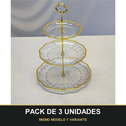 PACK DE 3 UNIDADES — Soporte de Postres 3 Niveles – Plástico con Detalles Dorados. MISMO MODELO Y VARIANTE