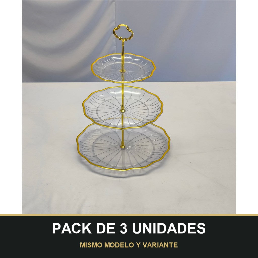 PACK DE 3 UNIDADES — Soporte de Postres 3 Niveles – Plástico con Detalles Dorados. MISMO MODELO Y VARIANTE