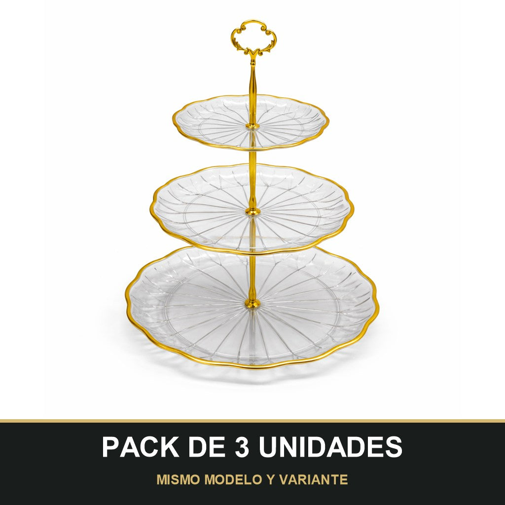 PACK DE 3 UNIDADES — Soporte de Postres 3 Niveles – Plástico con Detalles Dorados. MISMO MODELO Y VARIANTE